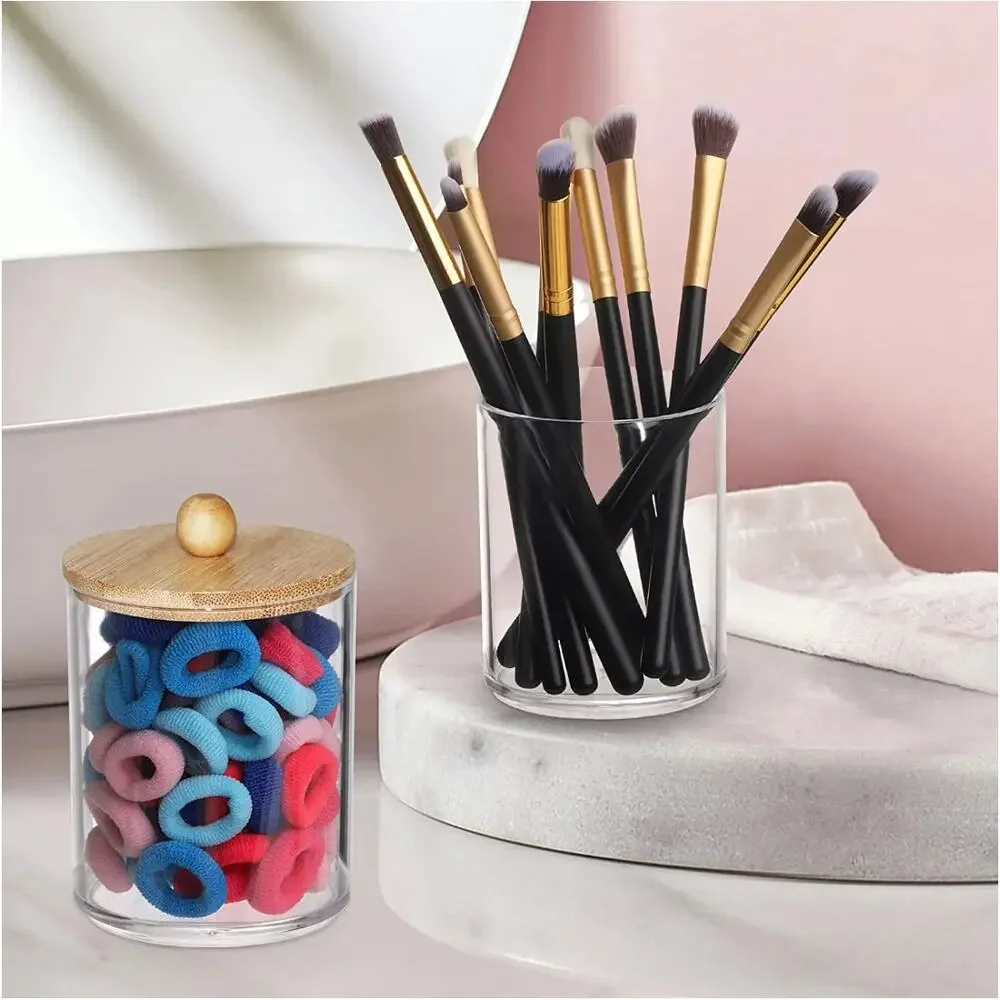4 Pack Qtip Holder Dispenser with Bamboo Lids Clear Plastic Bathroom Storage